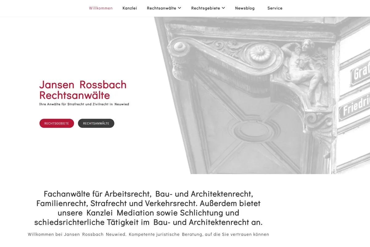 Jansen Rossbach Rechtsanwälte: Startseite der Webseite mit historischer Hausfassade der Kanzlei