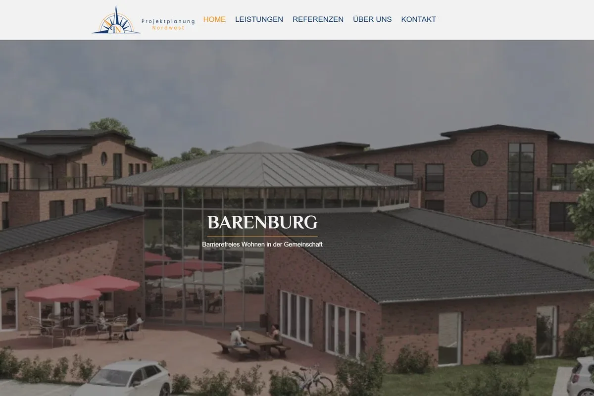 Projektplanung Nordwest: Startseite der Webseite mit Visualisierung der Wohnanlage Barenburg